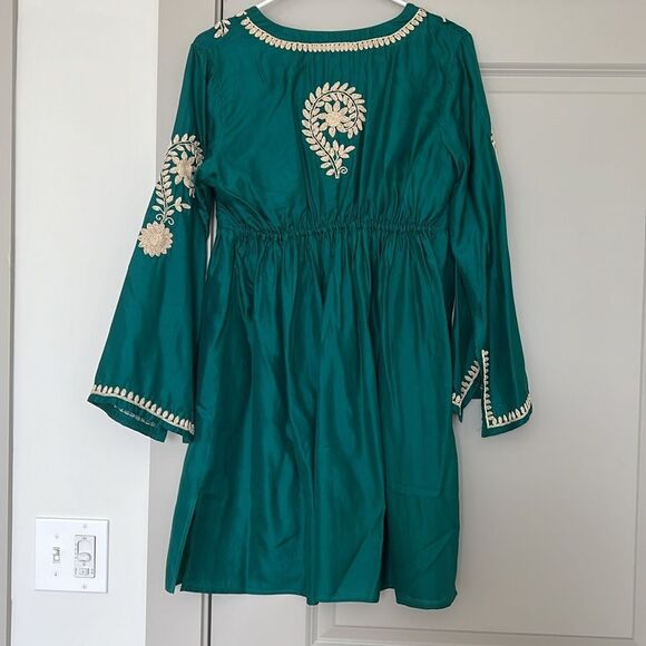 Emerald Green Leaves of Grass Mini Dress with Gold Embroidery - Picture 2 of 9